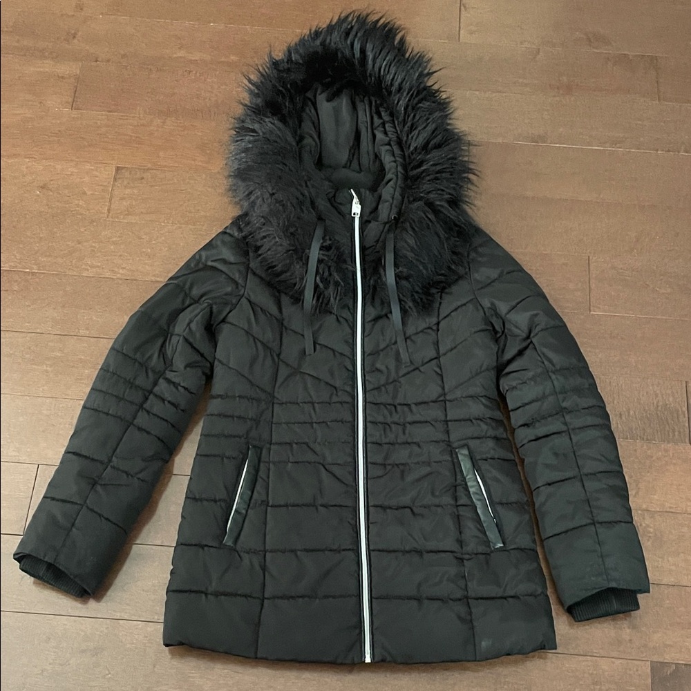 Women's Black Quilted Jacket with Faux Fur Hood